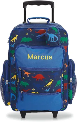 Lillian Vernon Personalized Rolling Luggage for Kids, 5-Pocket Dinosaur Suitcase Set With Clip-On Pouch, Customizable Boys Travel Carrier on Wheels, 6W x 15.5L x 23”H