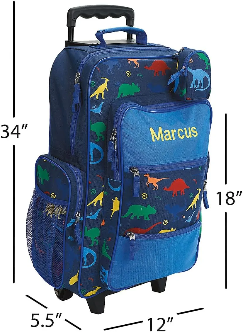 Lillian Vernon Personalized Rolling Luggage for Kids, 5-Pocket Dinosaur Suitcase Set With Clip-On Pouch, Customizable Boys Travel Carrier on Wheels, 6W x 15.5L x 23”H
