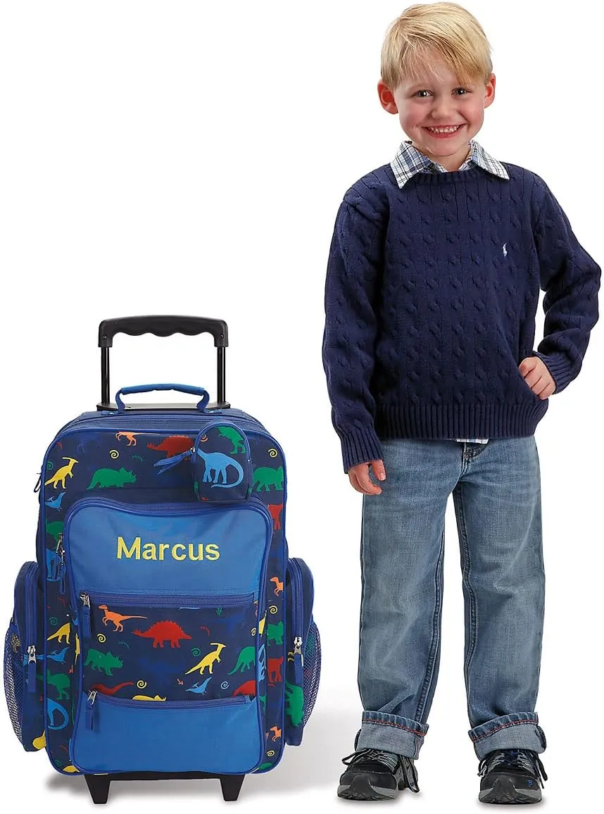 Lillian Vernon Personalized Rolling Luggage for Kids, 5-Pocket Dinosaur Suitcase Set With Clip-On Pouch, Customizable Boys Travel Carrier on Wheels, 6W x 15.5L x 23”H