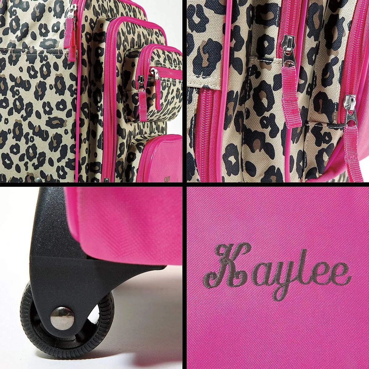 Lillian Vernon Personalized Rolling Luggage for Kids, 5-Pocket Leopard Spots Design Suitcase Set, Customizable Girls Travel Carrier on Wheels, 5.5" W x 12" L x 18" H
