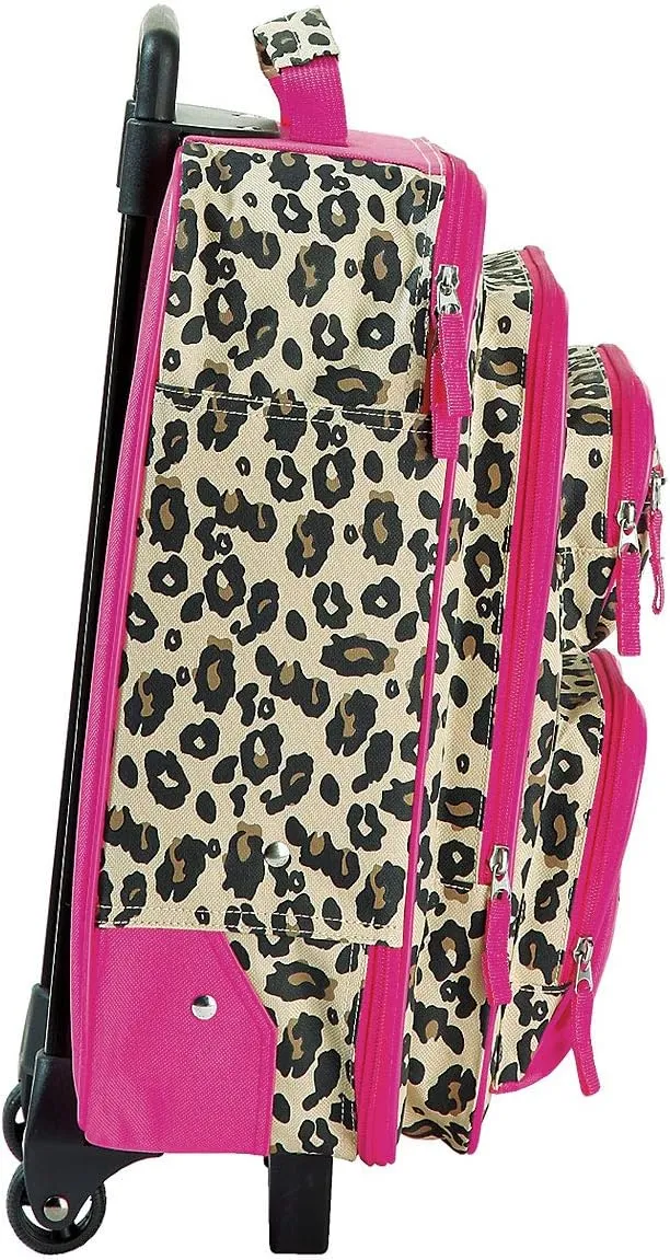 Lillian Vernon Personalized Rolling Luggage for Kids, 5-Pocket Leopard Spots Design Suitcase Set, Customizable Girls Travel Carrier on Wheels, 5.5" W x 12" L x 18" H