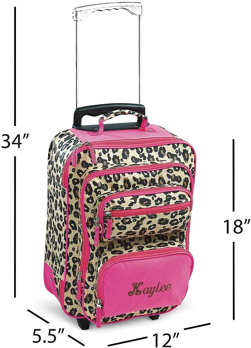 Lillian Vernon Personalized Rolling Luggage for Kids, 5-Pocket Leopard Spots Design Suitcase Set, Customizable Girls Travel Carrier on Wheels, 5.5" W x 12" L x 18" H