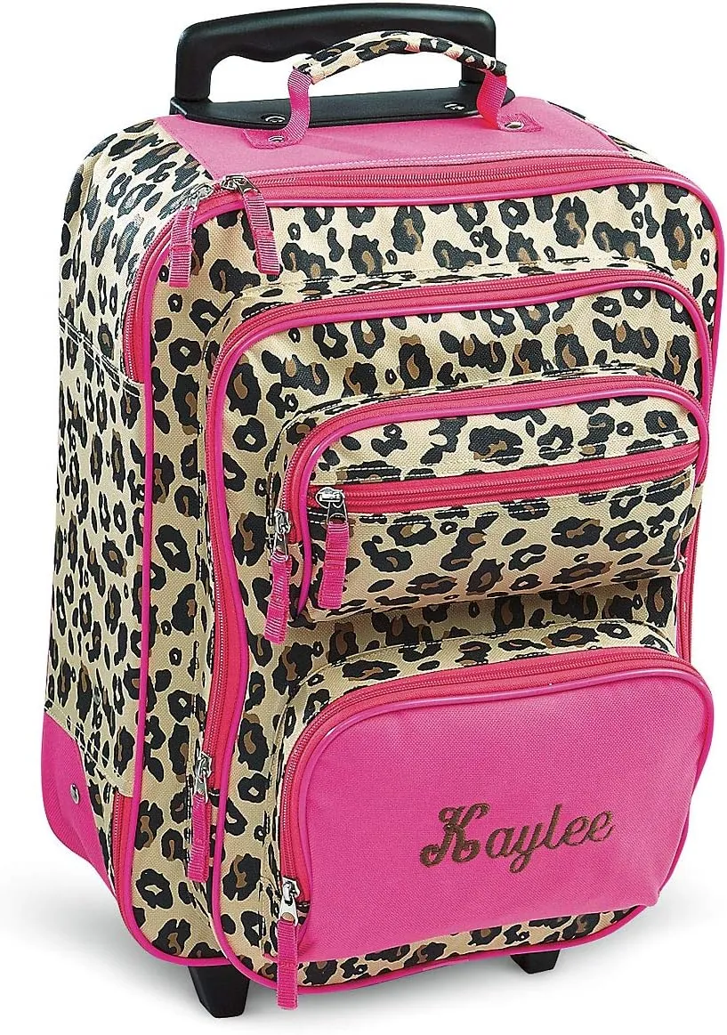 Lillian Vernon Personalized Rolling Luggage for Kids, 5-Pocket Leopard Spots Design Suitcase Set, Customizable Girls Travel Carrier on Wheels, 5.5" W x 12" L x 18" H