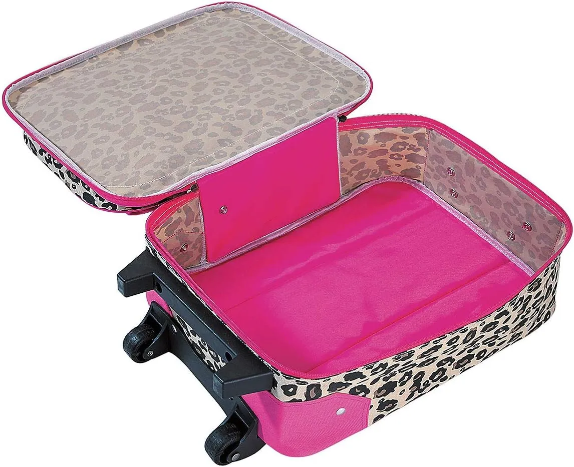 Lillian Vernon Personalized Rolling Luggage for Kids, 5-Pocket Leopard Spots Design Suitcase Set, Customizable Girls Travel Carrier on Wheels, 5.5" W x 12" L x 18" H