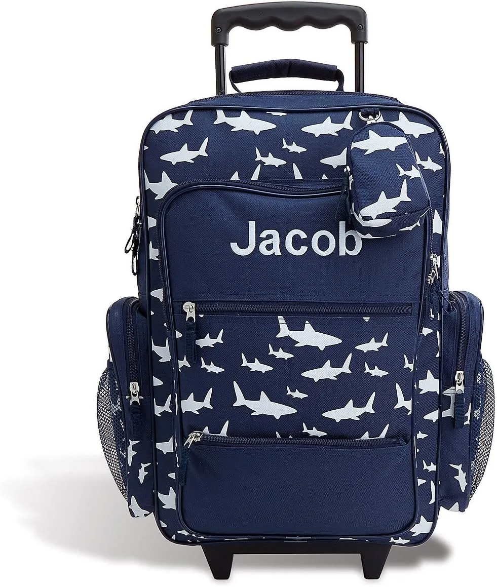 Lillian Vernon Personalized Rolling Luggage for Kids, 5-Pocket Shark Suitcase Set With Clip-On Pouch, Customizable Boys Travel Carrier on Wheels, 6W x 15.5L x 23”H
