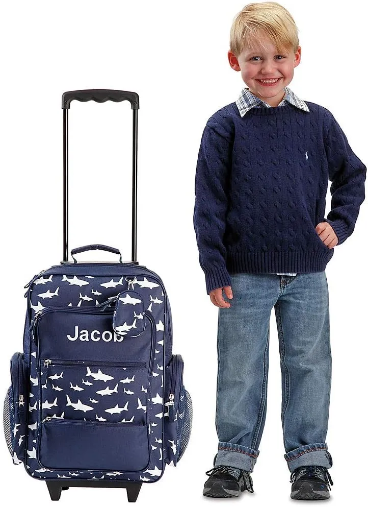 Lillian Vernon Personalized Rolling Luggage for Kids, 5-Pocket Shark Suitcase Set With Clip-On Pouch, Customizable Boys Travel Carrier on Wheels, 6W x 15.5L x 23”H
