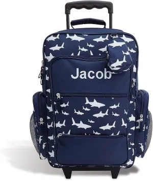 Lillian Vernon Personalized Rolling Luggage for Kids, 5-Pocket Shark Suitcase Set With Clip-On Pouch, Customizable Boys Travel Carrier on Wheels, 6W x 15.5L x 23”H