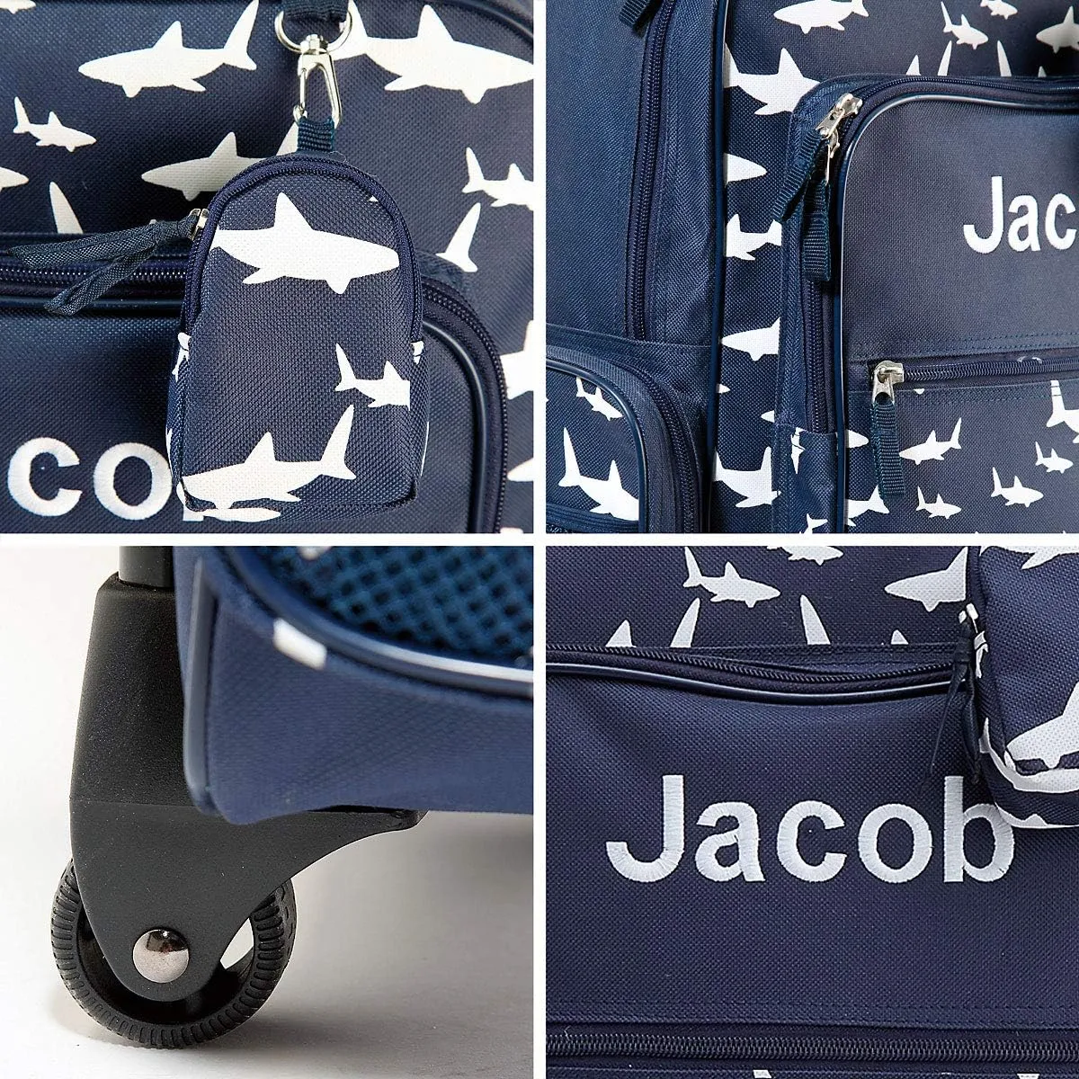 Lillian Vernon Personalized Rolling Luggage for Kids, 5-Pocket Shark Suitcase Set With Clip-On Pouch, Customizable Boys Travel Carrier on Wheels, 6W x 15.5L x 23”H