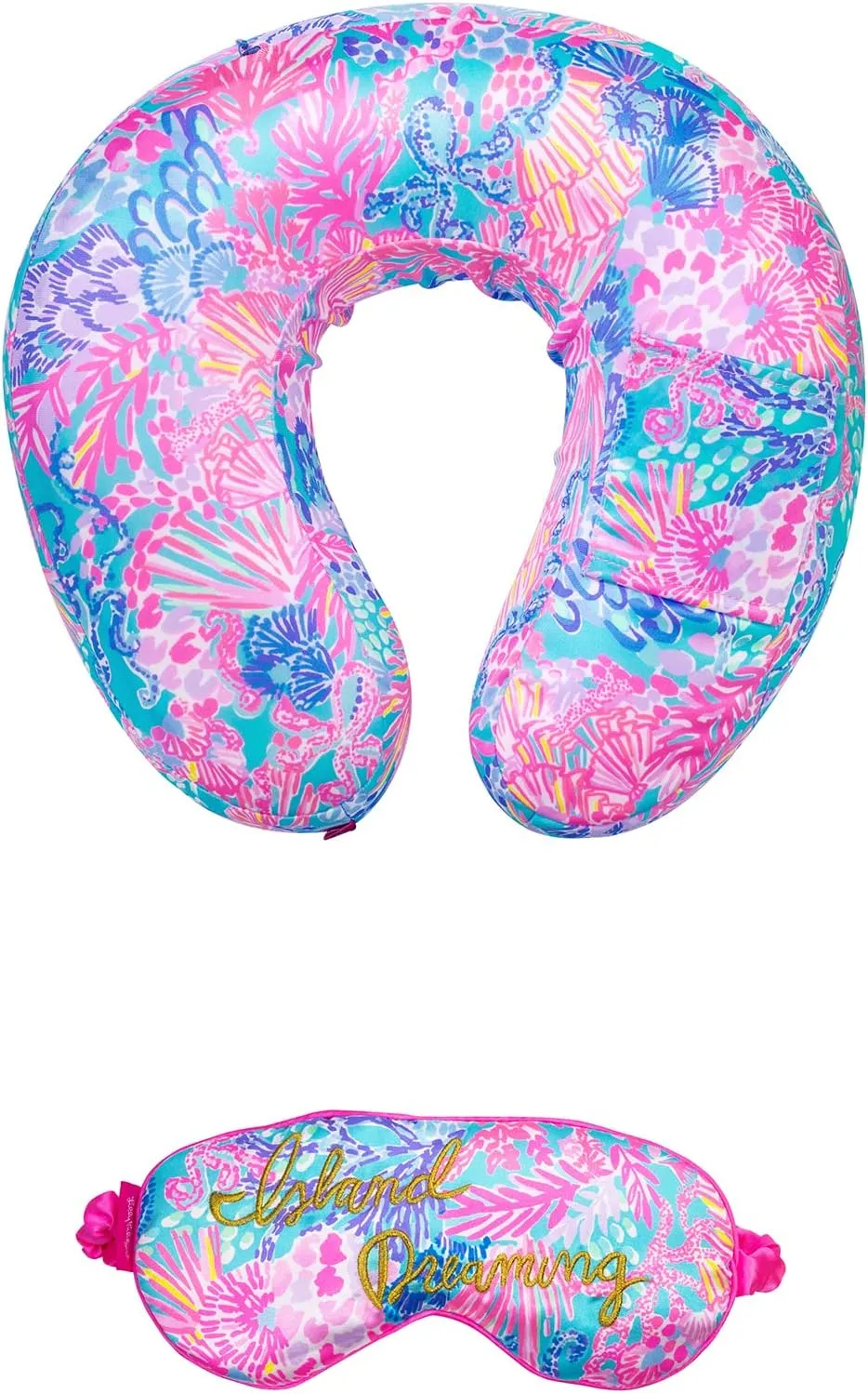 Lilly Pulitzer Travel Pillow and Eye Mask Set, Plush Neck Pillow and Adjustable Sleeping Mask, Cute Travel Accessories for Airplane, Splendor in The Sand