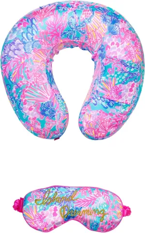 Lilly Pulitzer Travel Pillow and Eye Mask Set, Plush Neck Pillow and Adjustable Sleeping Mask, Cute Travel Accessories for Airplane, Splendor in The Sand