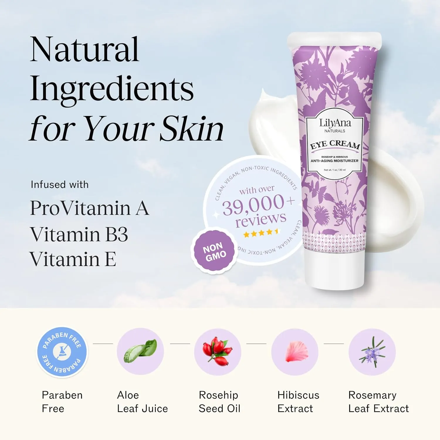 LilyAna Naturals Eye Cream for Dark Circles and Puffiness, Anti Aging Under Eye Cream for Wrinkles and Bags helps Improve Dryness; for Sensitive Skin (Bottle, 1.0 Ounce (Pack of 1))