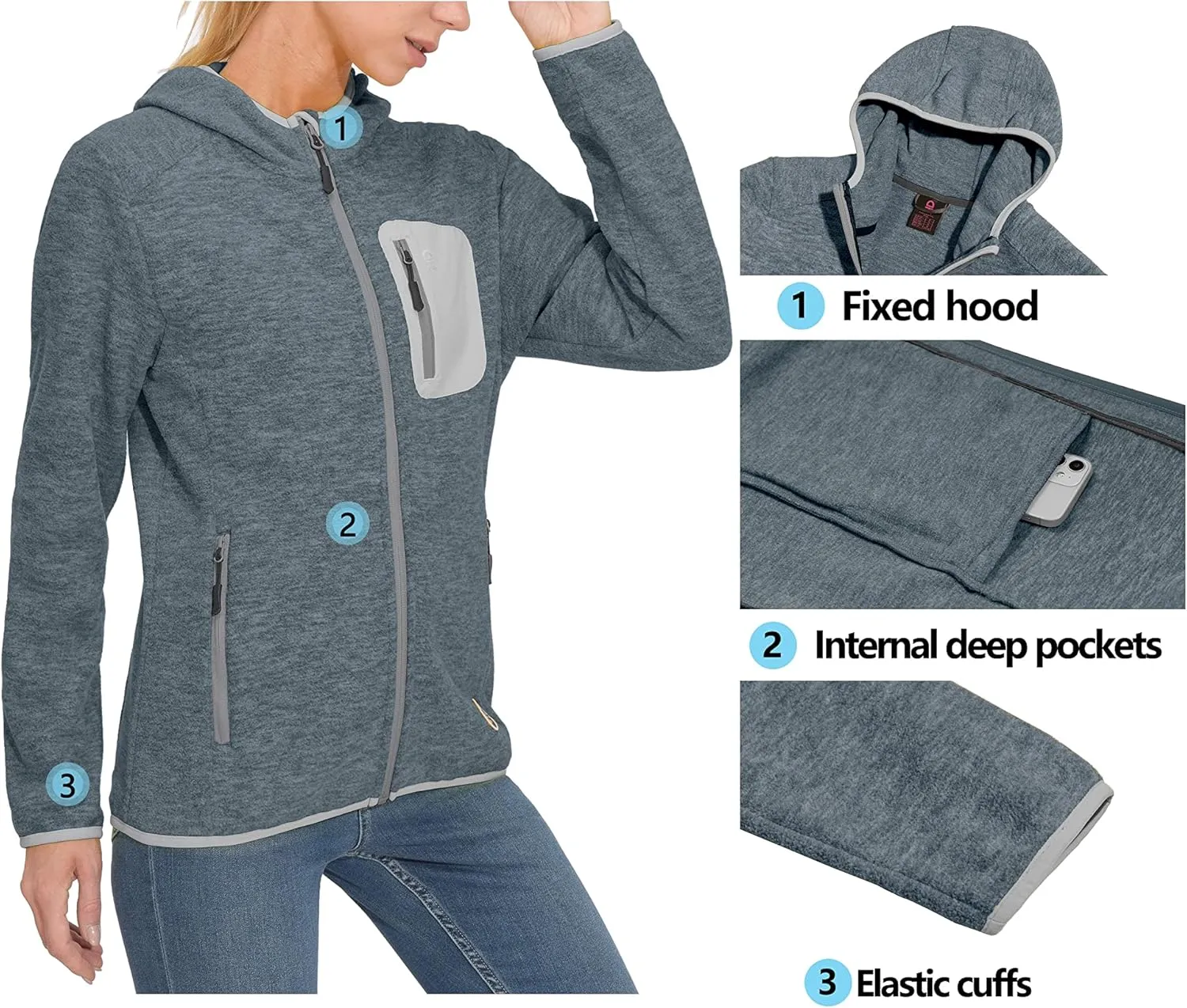 Little Donkey Andy Women's Lightweight Warm Polar Fleece Running Jacket Hooded Full-Zip Thermal Coat Hiking Travel Casual