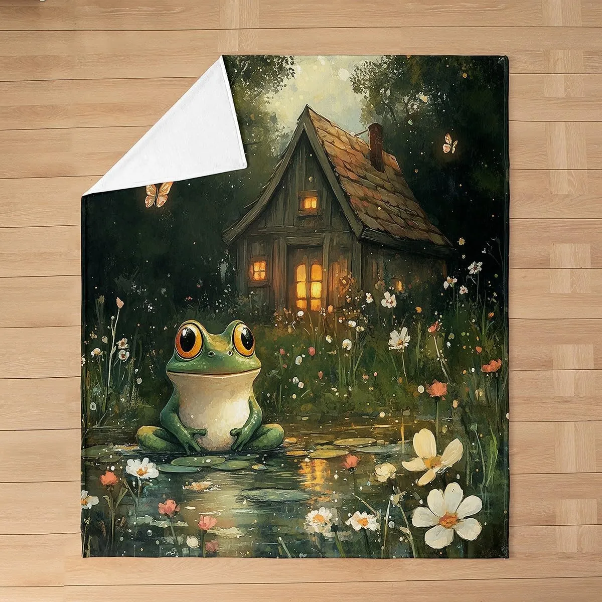 Lodge Frog Bed Blanket,Rustic Cabin Jungle Wild Animal Starry Flannel Blanket for Room Decor,Nature Daisy Flowers Lake Lotus Leaves Fleece Blanket for Kids,Super Soft Blanket,Throw 50"x60"