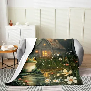 Lodge Frog Bed Blanket,Rustic Cabin Jungle Wild Animal Starry Flannel Blanket for Room Decor,Nature Daisy Flowers Lake Lotus Leaves Fleece Blanket for Kids,Super Soft Blanket,Throw 50"x60"