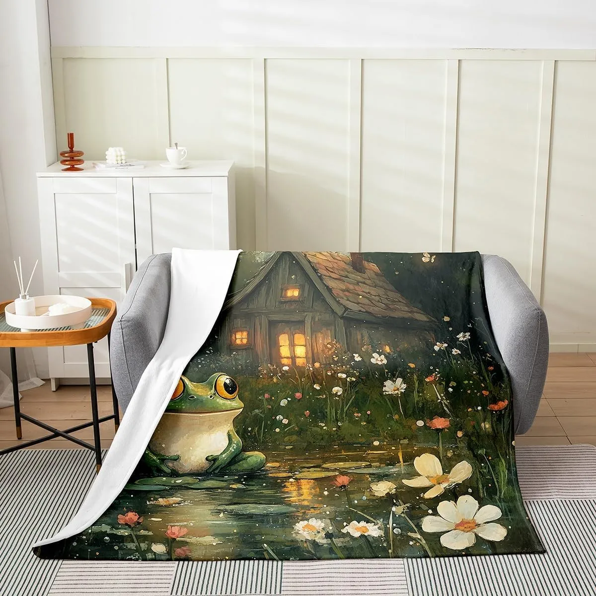 Lodge Frog Bed Blanket,Rustic Cabin Jungle Wild Animal Starry Flannel Blanket for Room Decor,Nature Daisy Flowers Lake Lotus Leaves Fleece Blanket for Kids,Super Soft Blanket,Throw 50"x60"