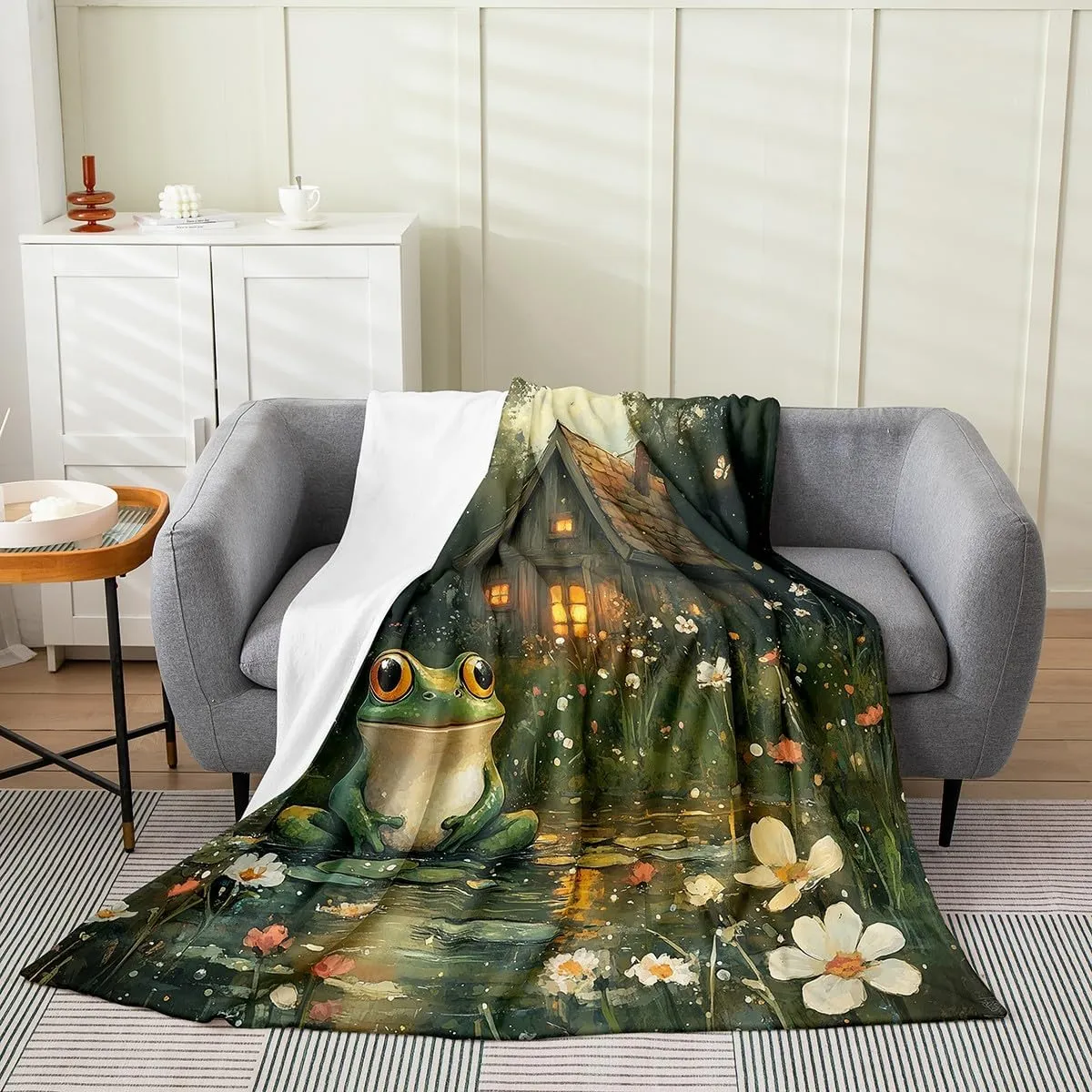 Lodge Frog Bed Blanket,Rustic Cabin Jungle Wild Animal Starry Flannel Blanket for Room Decor,Nature Daisy Flowers Lake Lotus Leaves Fleece Blanket for Kids,Super Soft Blanket,Throw 50"x60"