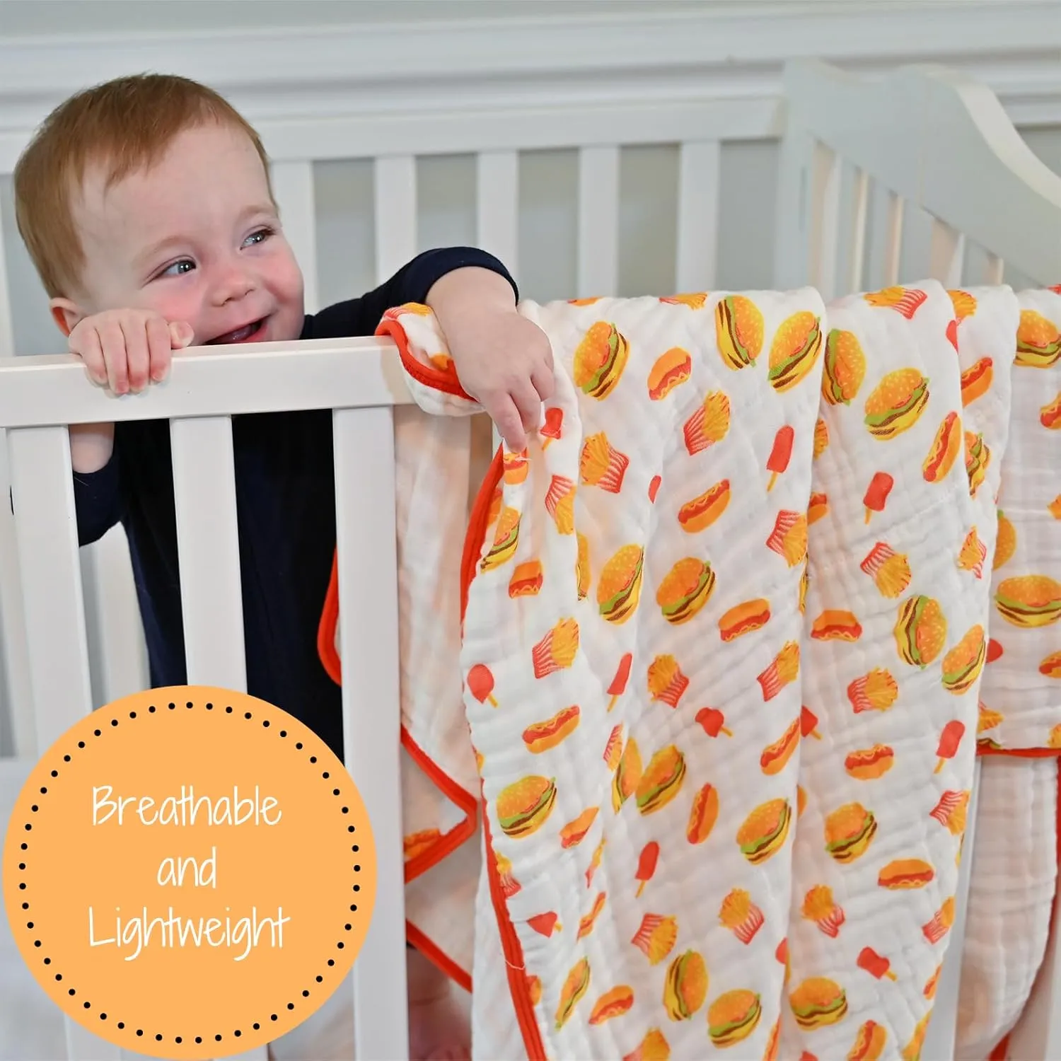 LollyBanks Muslin Baby Blanket, 100% Cotton Baby Quilt for Boys and Girls, Large 47 x 47 Inches, 6 Layers Soft and Breathable Quilt Blanket, Cozy Newborn Nursery Blankets, Registry (Fun Food Icons)
