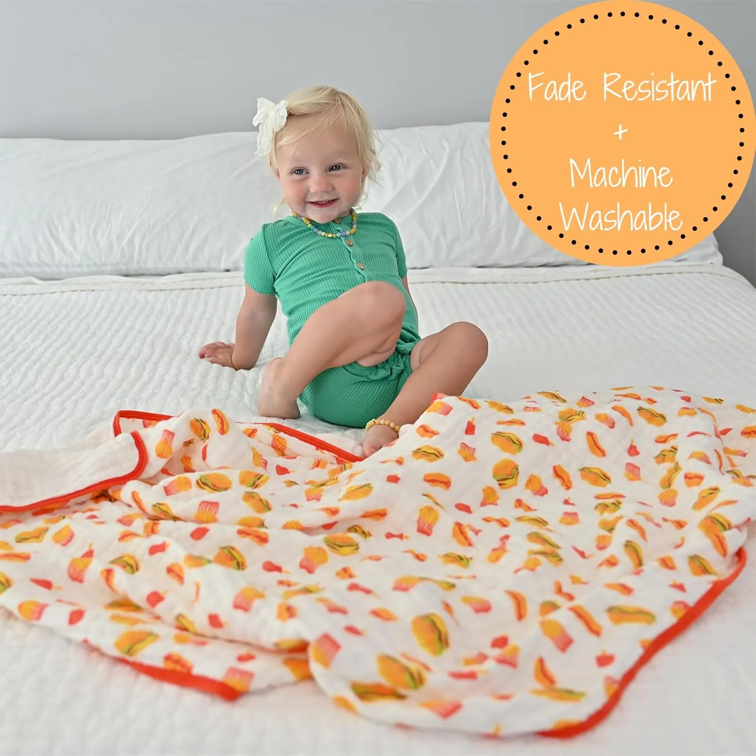 LollyBanks Muslin Baby Blanket, 100% Cotton Baby Quilt for Boys and Girls, Large 47 x 47 Inches, 6 Layers Soft and Breathable Quilt Blanket, Cozy Newborn Nursery Blankets, Registry (Fun Food Icons)