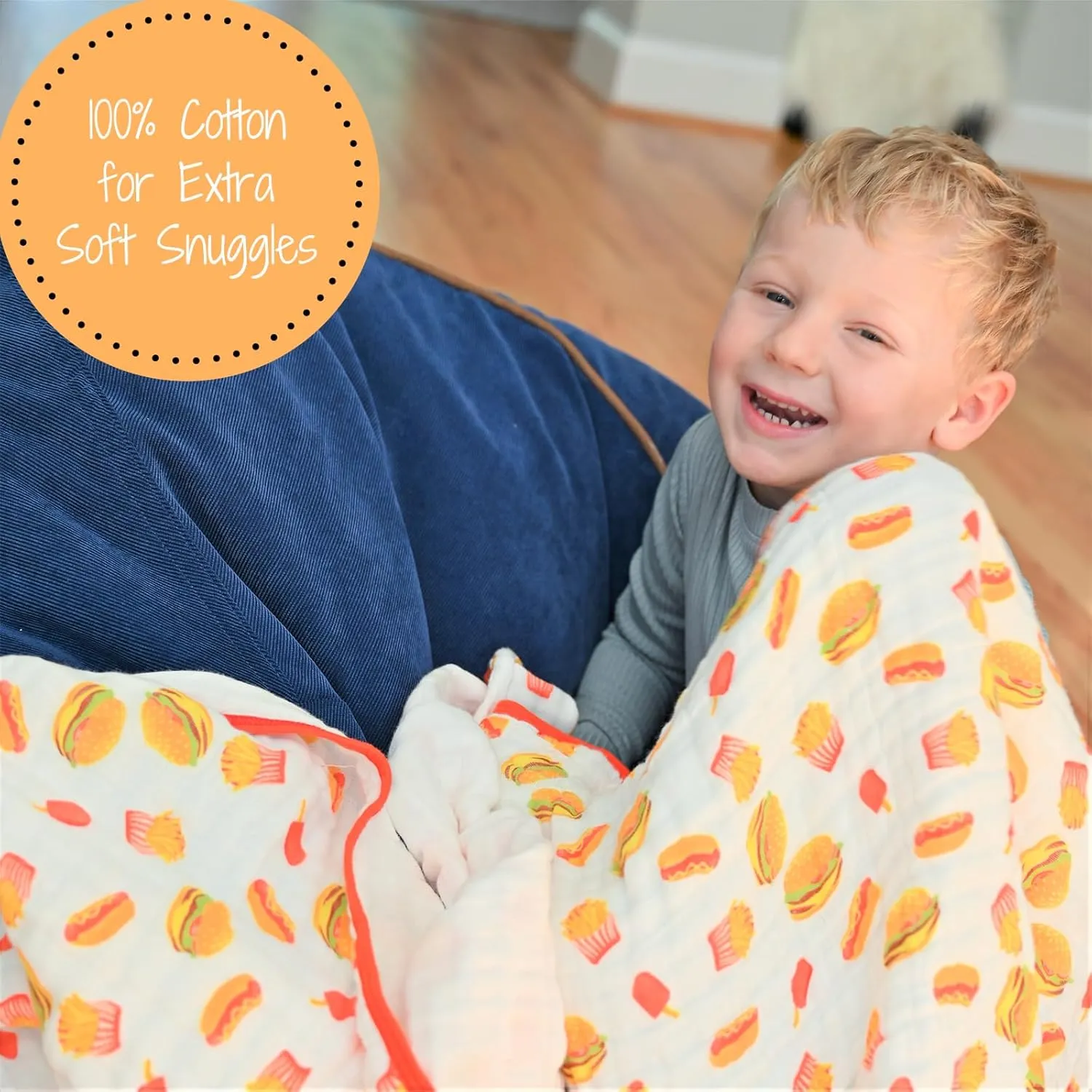LollyBanks Muslin Baby Blanket, 100% Cotton Baby Quilt for Boys and Girls, Large 47 x 47 Inches, 6 Layers Soft and Breathable Quilt Blanket, Cozy Newborn Nursery Blankets, Registry (Fun Food Icons)