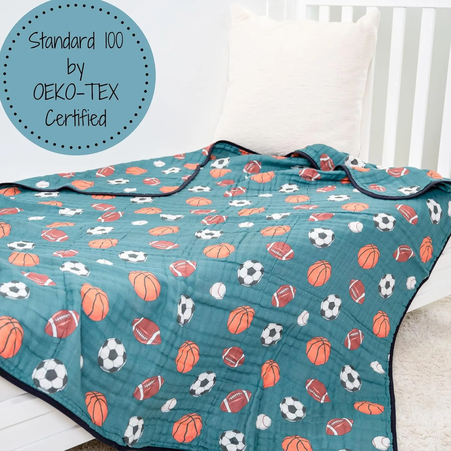 LollyBanks Muslin Baby Blanket 100% Cotton, Muslin Quilt Lightweight, 6 Layers Baby Blankets 47"x 47", Muslin Blanket for Boys, Nursery Receiving Blankets Baby Essentials, Registry (Sports Print)