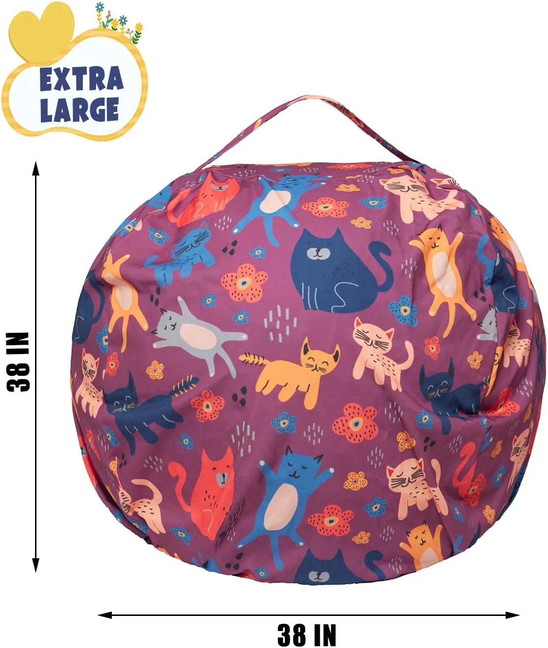 LOLOMLO Stuffed Animal Storage Bean Bag Chair Cover, Hold Kids Plush Toys Blankets Towels Beanbag (Cover Only), Canvas Floor Circle Stuff Sit Seat Sofa with YKK Zipper, Extra Large 38", Cat