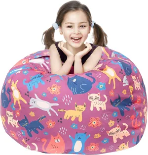 LOLOMLO Stuffed Animal Storage Bean Bag Chair Cover, Hold Kids Plush Toys Blankets Towels Beanbag (Cover Only), Canvas Floor Circle Stuff Sit Seat Sofa with YKK Zipper, Extra Large 38", Cat