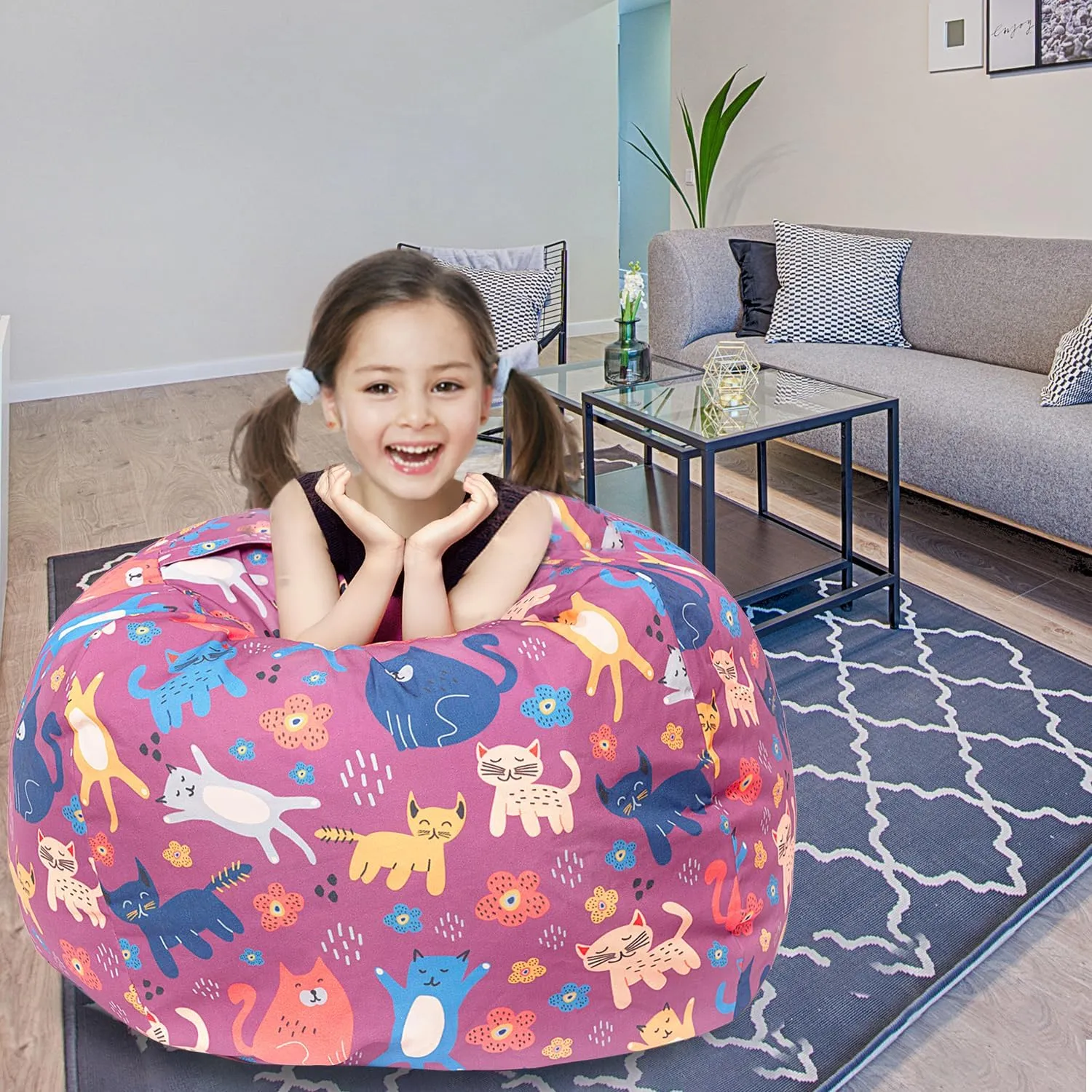 LOLOMLO Stuffed Animal Storage Bean Bag Chair Cover, Hold Kids Plush Toys Blankets Towels Beanbag (Cover Only), Canvas Floor Circle Stuff Sit Seat Sofa with YKK Zipper, Extra Large 38", Cat