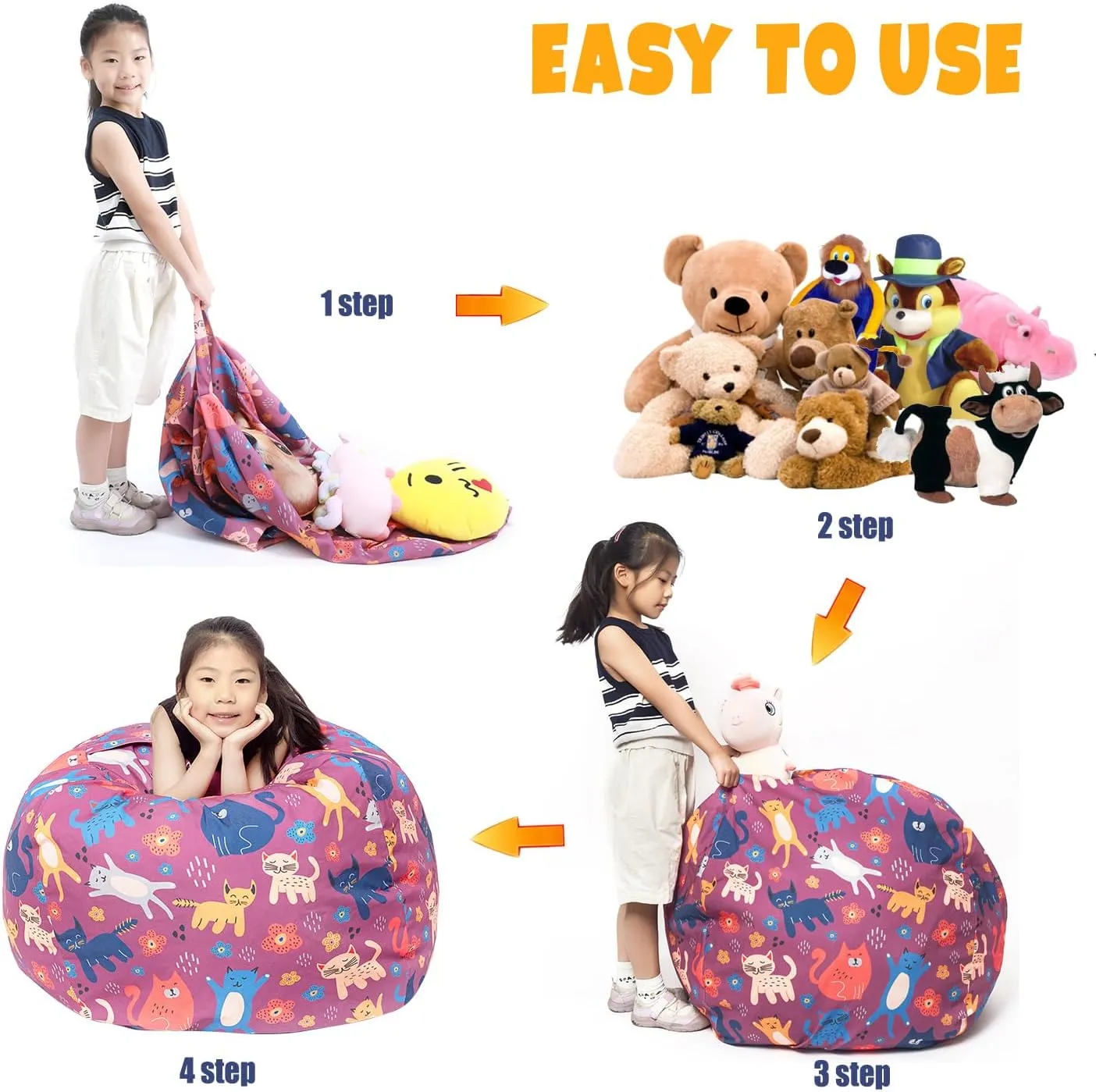 LOLOMLO Stuffed Animal Storage Bean Bag Chair Cover, Hold Kids Plush Toys Blankets Towels Beanbag (Cover Only), Canvas Floor Circle Stuff Sit Seat Sofa with YKK Zipper, Extra Large 38", Cat