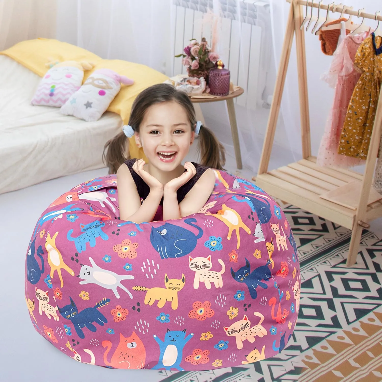LOLOMLO Stuffed Animal Storage Bean Bag Chair Cover, Hold Kids Plush Toys Blankets Towels Beanbag (Cover Only), Canvas Floor Circle Stuff Sit Seat Sofa with YKK Zipper, Extra Large 38", Cat