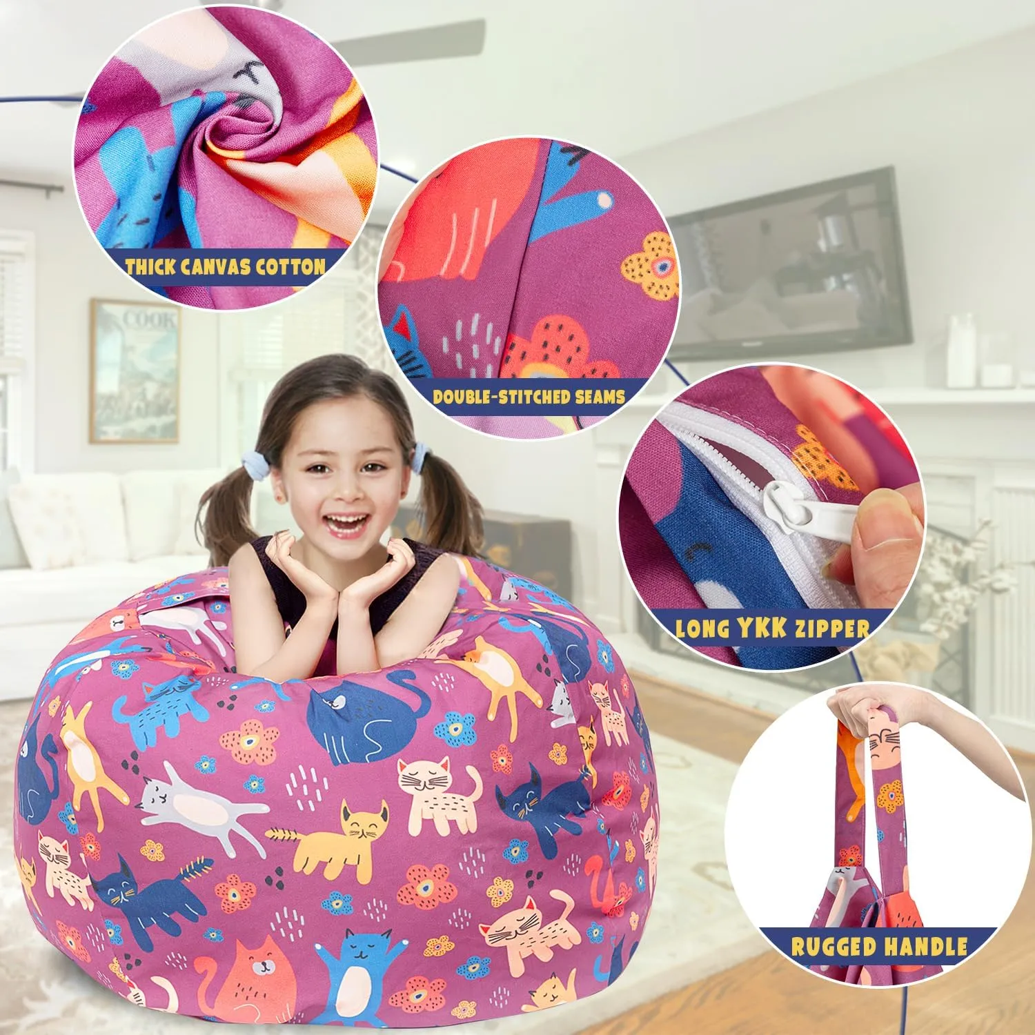 LOLOMLO Stuffed Animal Storage Bean Bag Chair Cover, Hold Kids Plush Toys Blankets Towels Beanbag (Cover Only), Canvas Floor Circle Stuff Sit Seat Sofa with YKK Zipper, Extra Large 38", Cat