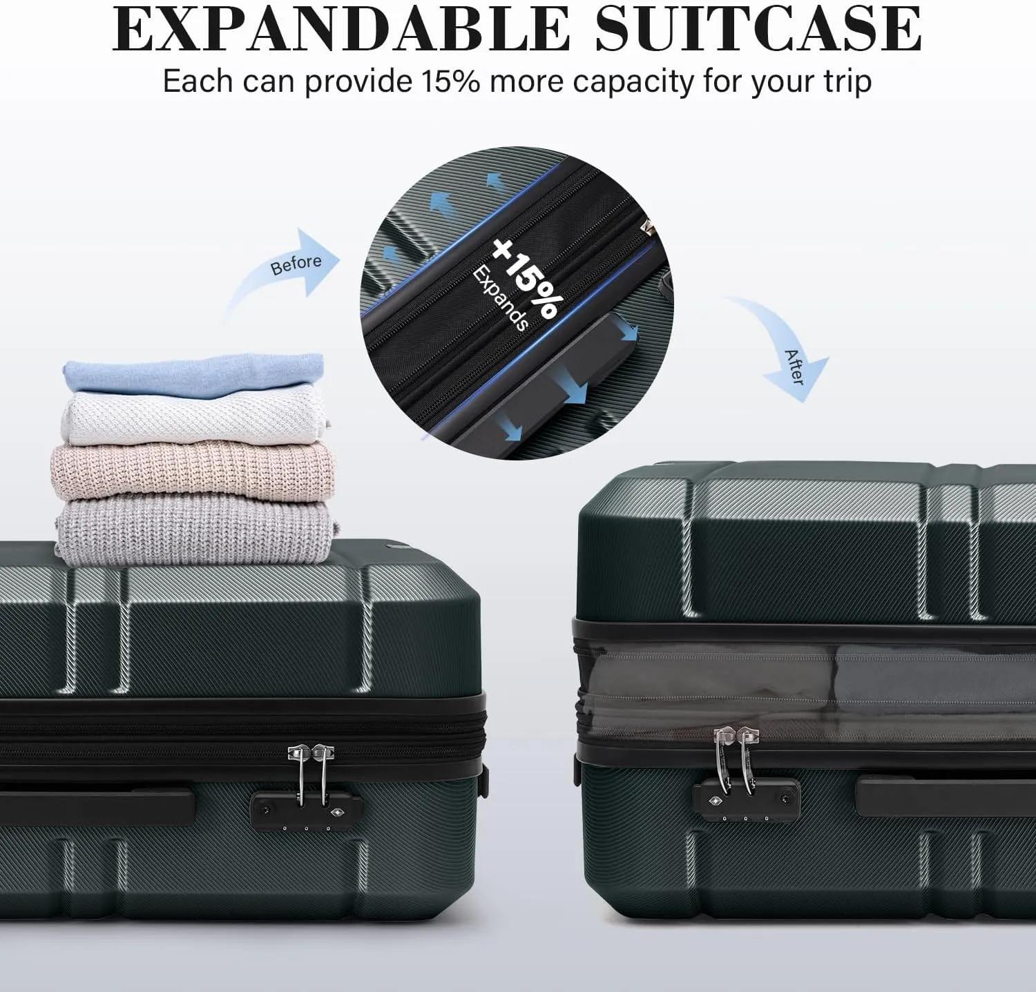 LONG VACATION Hardside Expandable Carry On Luggage, Hardshell Suitcase with Spinner Wheels and TSA Lock(Dark Green, 24 INCH)