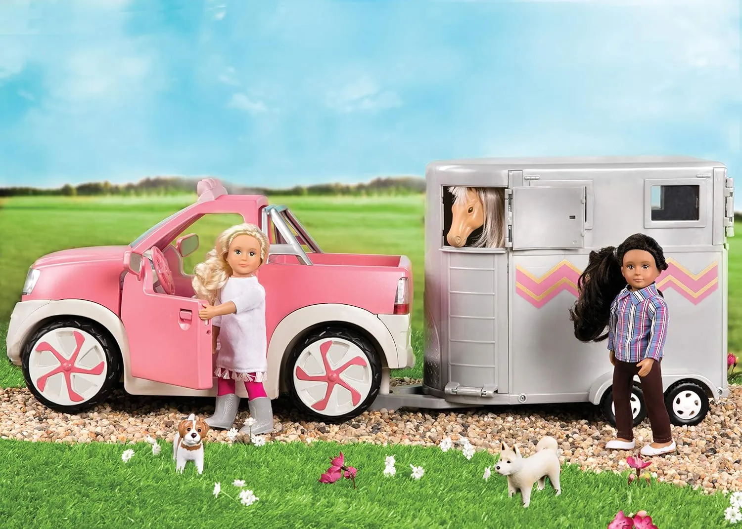 Lori – Pick-Up Truck for Mini Dolls – Pink Car for 6-Inch Dolls – Real Radio & Trailer Hitch – Music & Lights – 3 Years   – Ride & Shine Pickup Truck – Light Pink