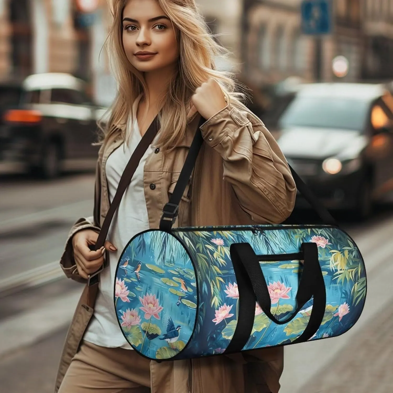 Lotus Pond Travel Duffel Bag, Weekender Bags for Women, Overnight Gym Carry On Tote Bag with Adjustable Strap, Hospital Mom Bag for Labor and Delivery
