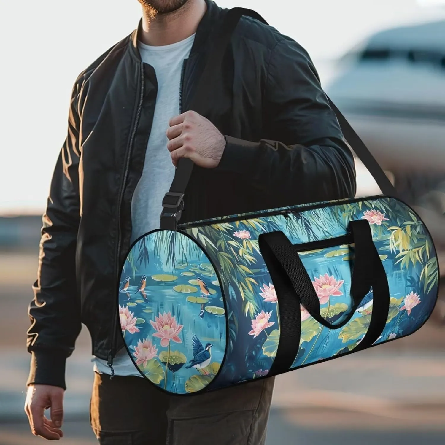 Lotus Pond Travel Duffel Bag, Weekender Bags for Women, Overnight Gym Carry On Tote Bag with Adjustable Strap, Hospital Mom Bag for Labor and Delivery