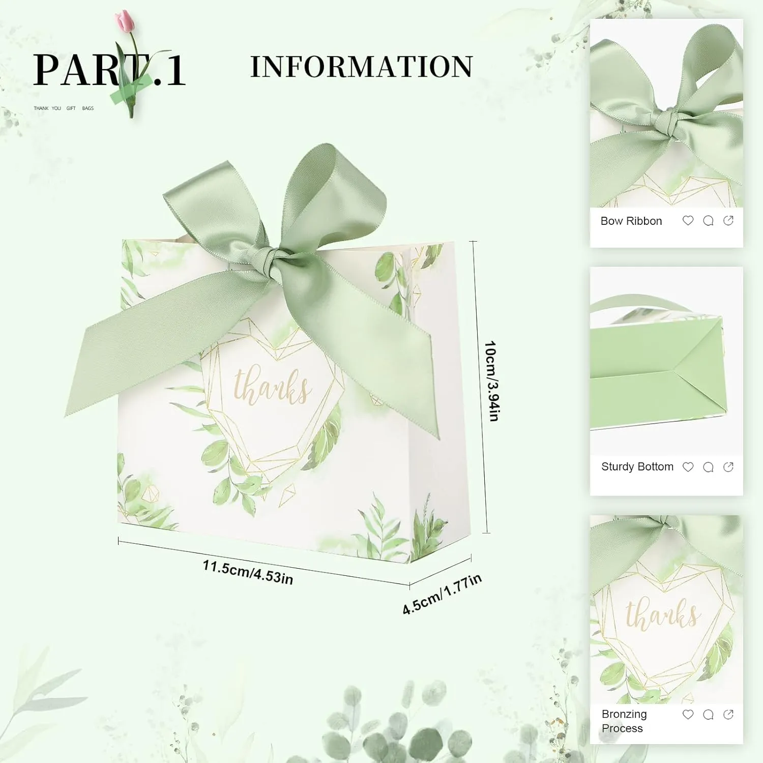 lovecabin 50-Pack Forest Theme Mini Thank You Gift Bags Bulk - Eco-Friendly Kraft Paper with Ribbon for Baby Shower, Wedding, Birthday Parties (Green ribbon)