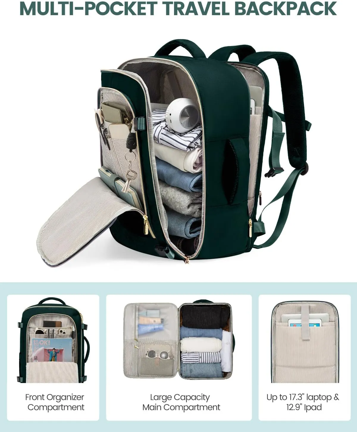 LOVEVOOK 40L Travel Backpack for Women, Carry On Flight Approved, Large Personal Item Bag, Fits 17 Inch Laptop, TSA Approved Luggage with 3 Packing Cubes, Waterproof Weekender Gym Backpack