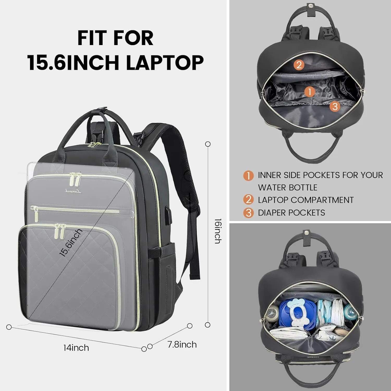 LOVEVOOK Baby Diaper Bag,Waterproof Diaper Backpack with USB Charging Port for Bab, Large Capacity Fit for 15.6 inch Laptop,Dark Grey