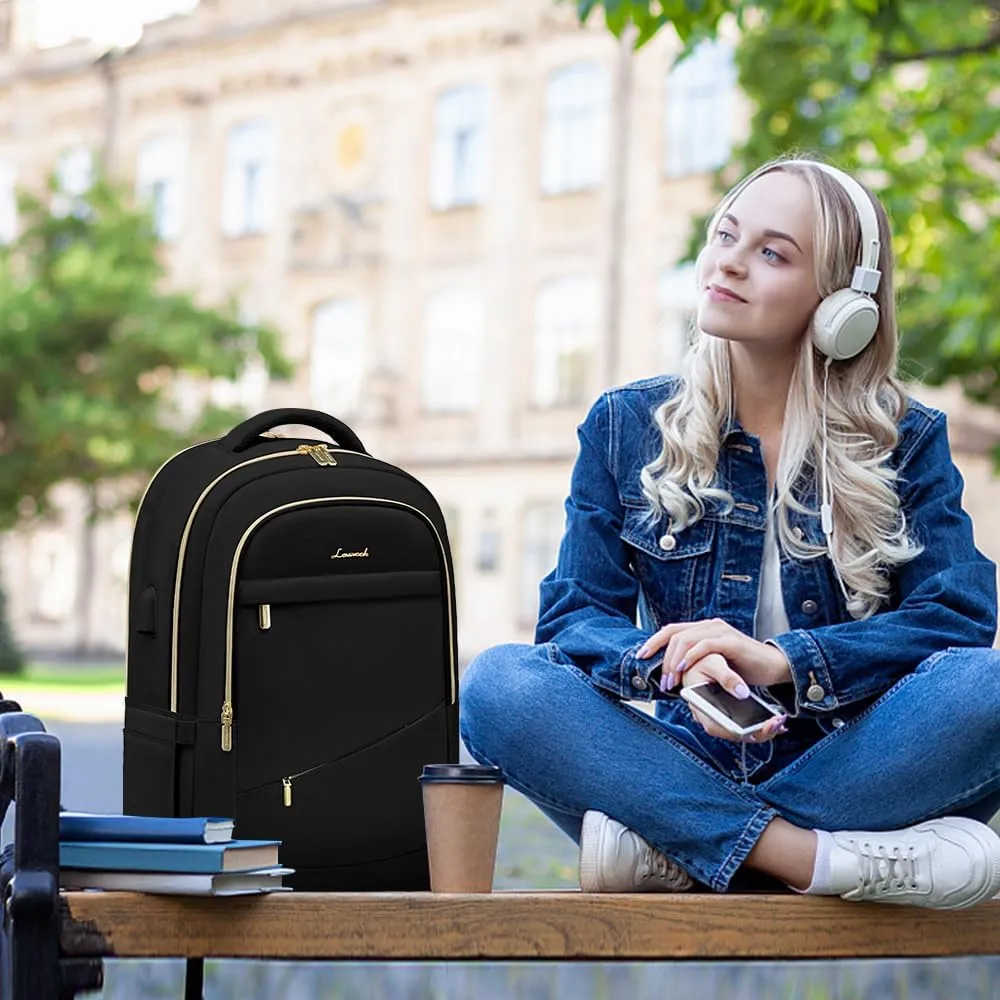 LOVEVOOK Laptop Backpack for Women,17.3 Inch College Work Travel Copmputer Backpack, Backpacks with USB Port, Waterproof Back Pack with Laptop Compartment for Teacher Nurse, Black