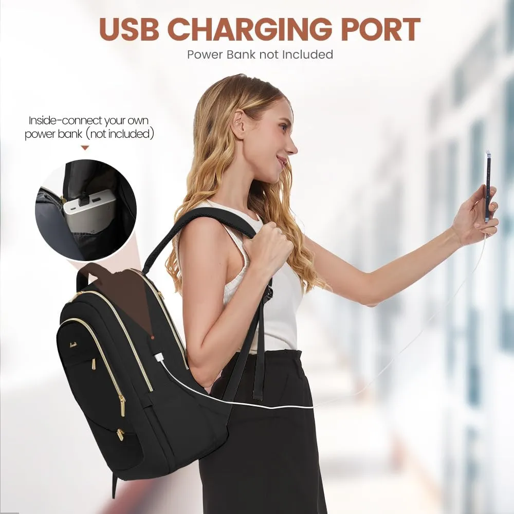 LOVEVOOK Laptop Backpack for Women,17.3 Inch College Work Travel Copmputer Backpack, Backpacks with USB Port, Waterproof Back Pack with Laptop Compartment for Teacher Nurse, Black