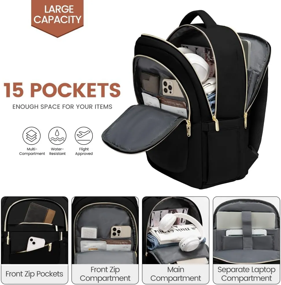 LOVEVOOK Laptop Backpack for Women,17.3 Inch College Work Travel Copmputer Backpack, Backpacks with USB Port, Waterproof Back Pack with Laptop Compartment for Teacher Nurse, Black