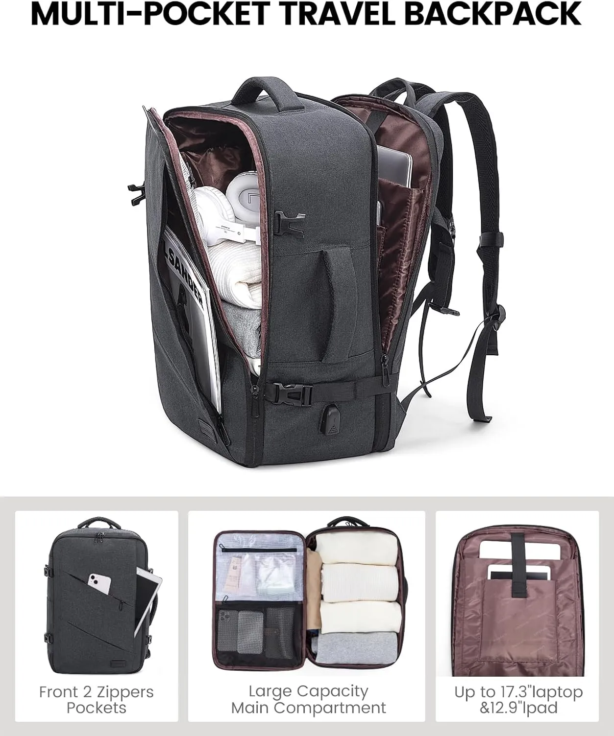 LOVEVOOK Travel Backpack, 40L Extra Large Backpack, Carry on Backpack 17 Inch with USB Port, Water Resistant Business Backpack for Men Women, Dark Grey