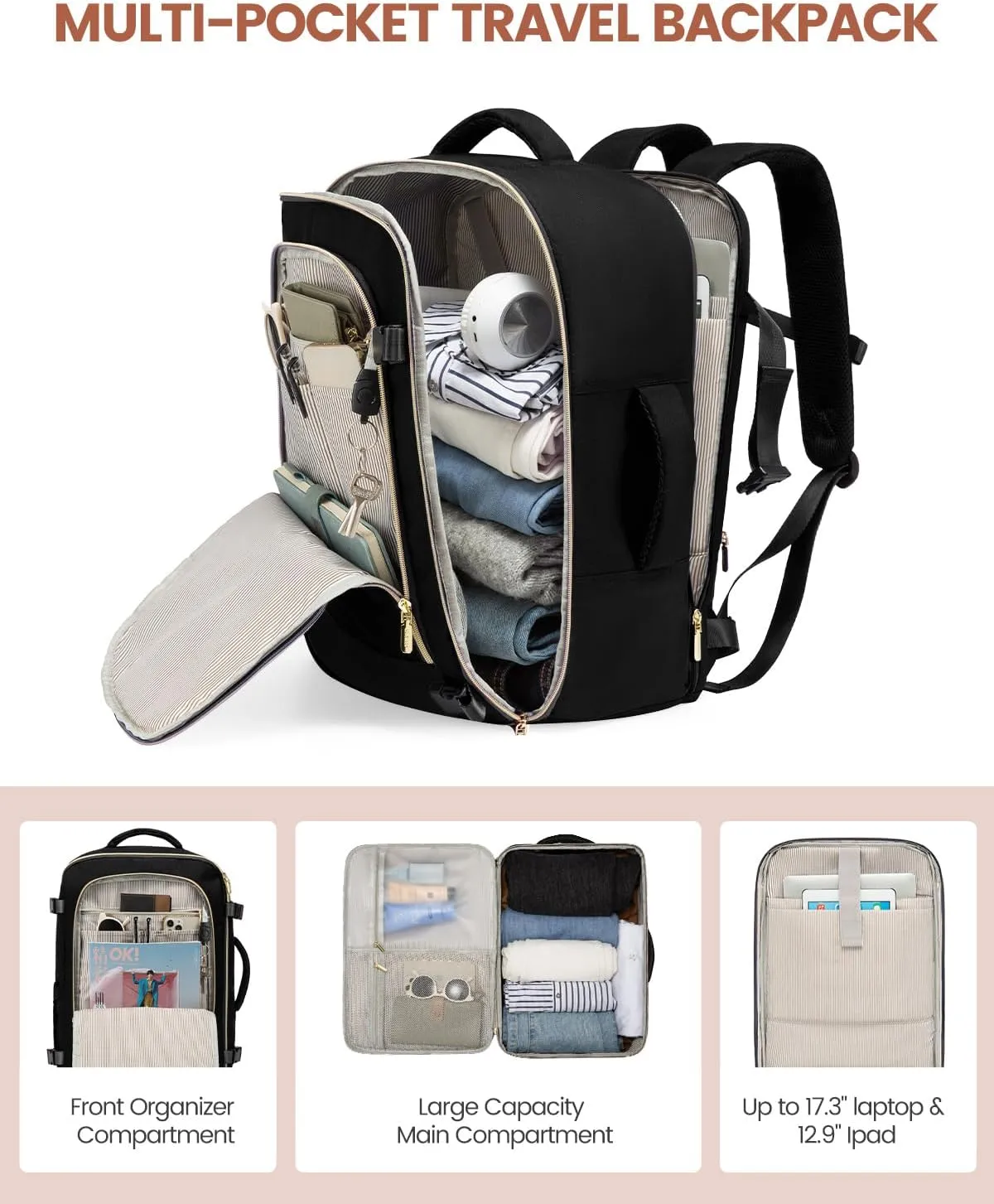 LOVEVOOK Travel Backpack for Women, 40L Carry On Backpack for Airplanes, Personal Item Bag for Airlines Fits 17 inch Laptop,TSA Approved Luggage with 3 Packing Cubes,Waterproof Weekender Gym back pack