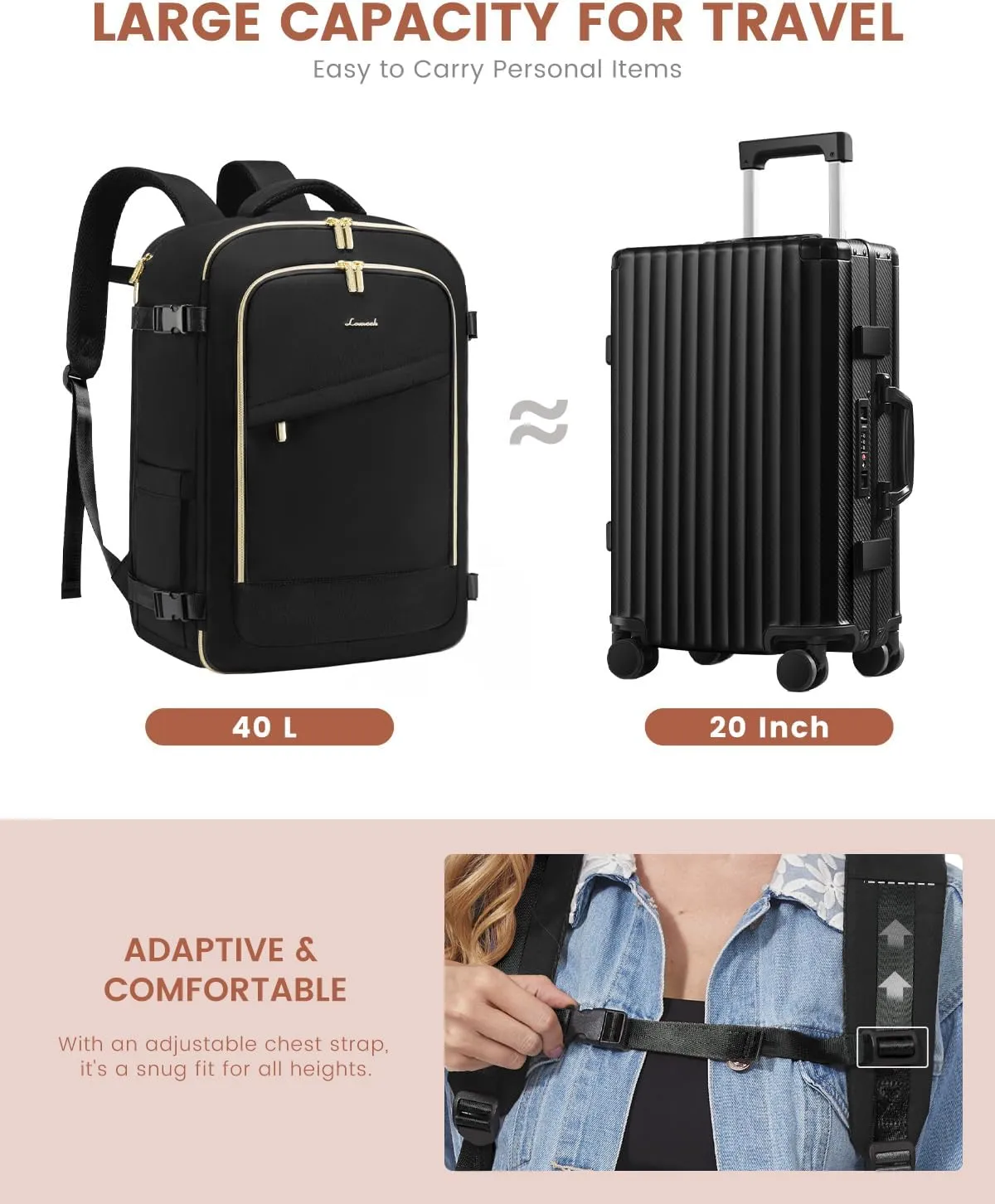 LOVEVOOK Travel Backpack for Women, 40L Carry On Backpack for Airplanes, Personal Item Bag for Airlines Fits 17 inch Laptop,TSA Approved Luggage with 3 Packing Cubes,Waterproof Weekender Gym back pack