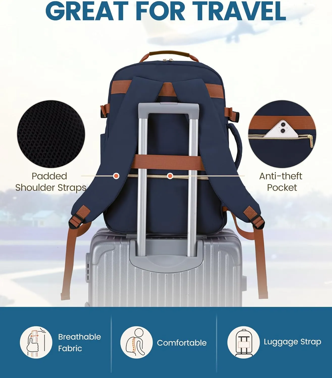LOVEVOOK Travel Backpack for Women Men as Personal Item Flight Approved, 50L Luggage Carry On Backpack,18.4 inch Large Laptop Backpack Waterproof Outdoor Sports with 3 Packing Cubes,Dark blue-Brown
