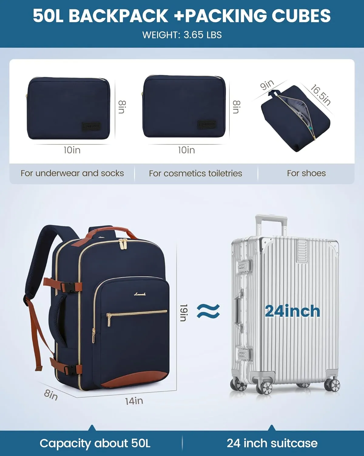 LOVEVOOK Travel Backpack for Women Men as Personal Item Flight Approved, 50L Luggage Carry On Backpack,18.4 inch Large Laptop Backpack Waterproof Outdoor Sports with 3 Packing Cubes,Dark blue-Brown