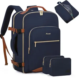 LOVEVOOK Travel Backpack for Women Men as Personal Item Flight Approved, 50L Luggage Carry On Backpack,18.4 inch Large Laptop Backpack Waterproof Outdoor Sports with 3 Packing Cubes,Dark blue-Brown