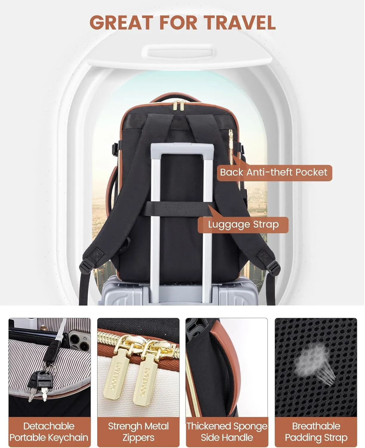 LOVEVOOK Travel Backpack for Women,50L Carry On Backpack for Airplanes,18 Inch Laptop Personal Item Travel Bag,TSA Approved Carry On Luggage,Waterproof Weekender Business Hiking Bag