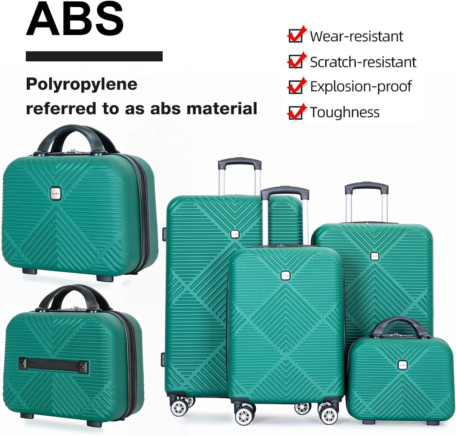Luggage 4 Piece Set, Hardshell ABS Suitcase Set with Double Spinner Wheels, Lightweight Durable Luggage set, Carry On and Checked Travel Large Luggage, Dark Green