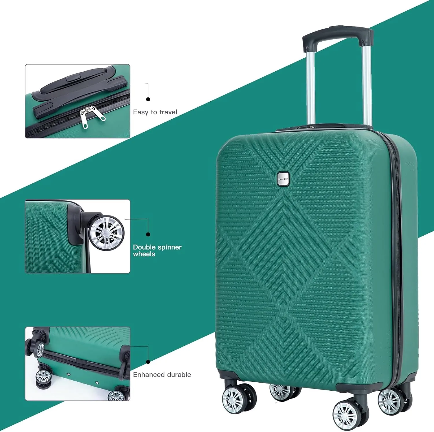 Luggage 4 Piece Set, Hardshell ABS Suitcase Set with Double Spinner Wheels, Lightweight Durable Luggage set, Carry On and Checked Travel Large Luggage, Dark Green