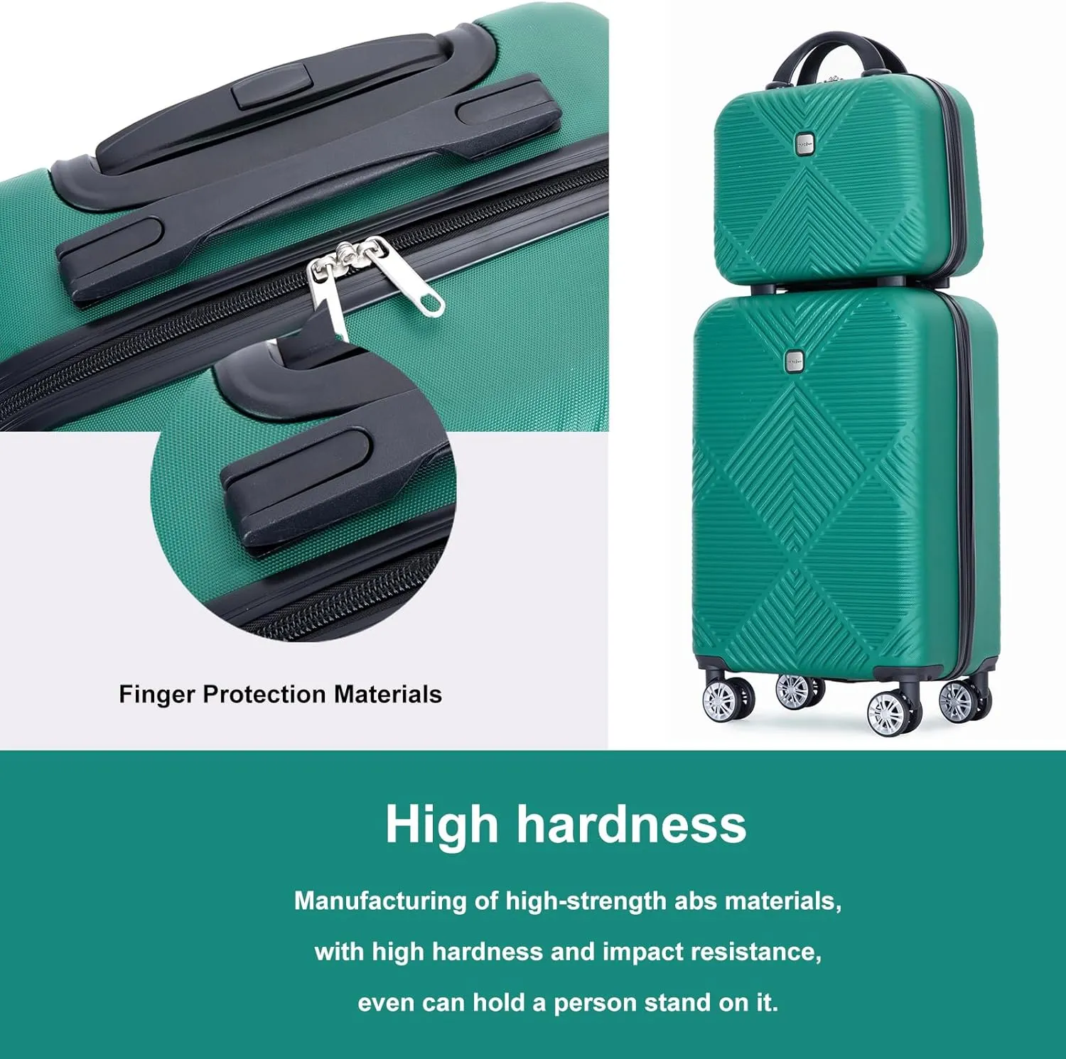 Luggage 4 Piece Set, Hardshell ABS Suitcase Set with Double Spinner Wheels, Lightweight Durable Luggage set, Carry On and Checked Travel Large Luggage, Dark Green
